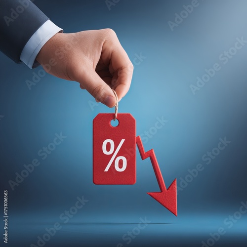 Hand holding a price tag showing percentage sign, with a downward-pointing arrow, symbolizing a drop in the price