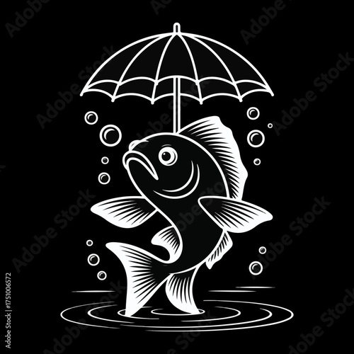 black and white illustration of a fish holding an umbrella while standing in water. It is a vector illustration often used for stock photos, t-shirt designs, or other graphic art
