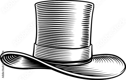 Black and white woodcut illustration of a tall top hat. Engraving style artwork ideal for vintage fashion, stage performance, magic, classic attire, or traditional print design themes.