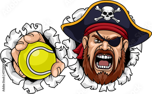 A Pirate man holding Tennis ball sports team cartoon charcater mascot illustration.
