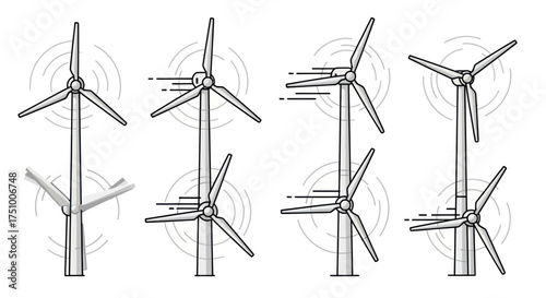 Detailed Illustration of Wind Turbines in Different Stages.