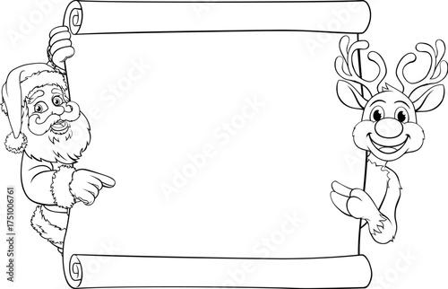 Christmas coloring page with Santa Claus and a cheerful reindeer holding a blank scroll. Fun festive printable art for kids holiday crafts, wish lists, or creative Christmas activity sheets.