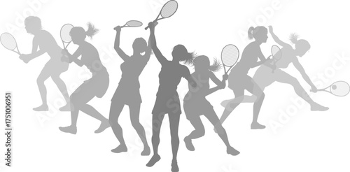 Silhouette Tennis players set. Active sports people healthy players fitness silhouettes concept.