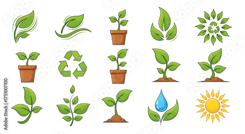 Collection of Green Leaf and Plant Growth Icons Representing Nature and Sustainability.