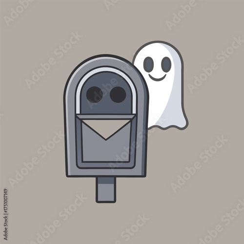 A spooky ghost is delivering mail to a creepy mailbox, creating a fun and eerie halloween scene with a touch of humor and playful design elements