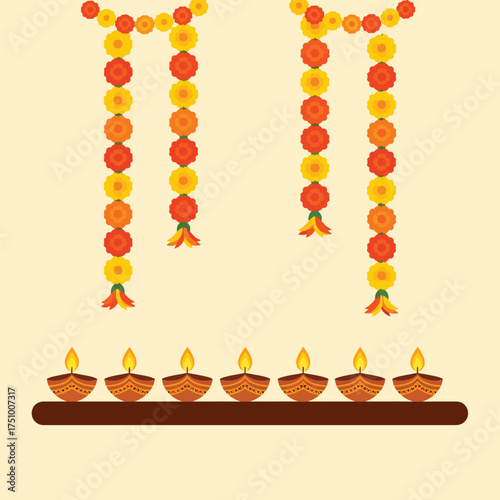 Vibrant Indian Diwali Deepavali festival decorations with traditional marigold garlands and lit clay oil lamps