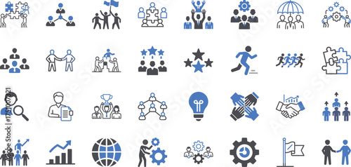 Teamwork collaboration business people connection network group icons set vector