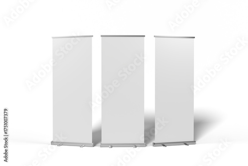 Konstfotografi Set of three blank white roll up banner stand mockups from different angles