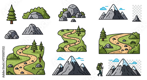 Hand-Drawn Mountain and Landscape Illustrations with Hiking Trails.