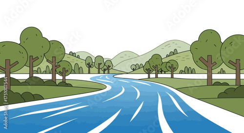 Cartoon River Landscape Illustration with Green Trees and Rolling Hills.