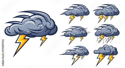 Cartoon Storm Clouds with Lightning Bolts and Rain.