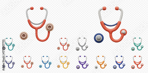 Collection of colorful cartoon stethoscopes on a transparent background, medical equipment.