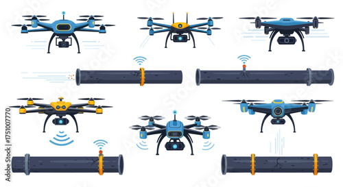 Collection of various surveillance drones and industrial pipes with sensors.