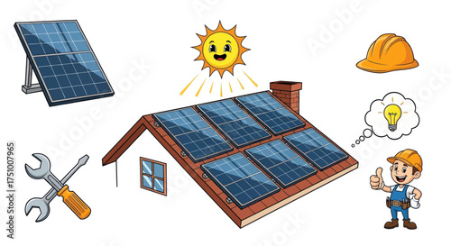 Solar Panels on Roof with Sun Tools and Worker Cartoon Illustration.