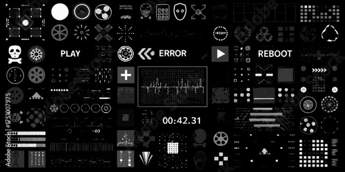Futuristic digital interface elements and icons on a dark background with glitch effects