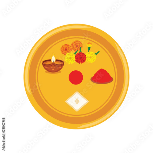 Traditional Diwali Deepavali Pooja Thali with Lit Diya, Marigold Flowers, and Kumkum for Indian Festival Celebration