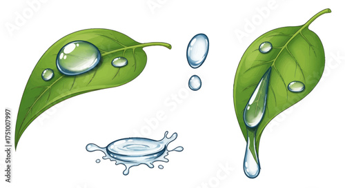 Green Leaves with Water Droplets Freshness and Purity Illustration.