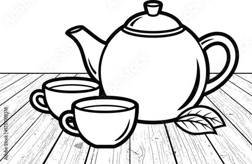 Illustration of teapot and cup isolated on white background for tea time and beverage concept