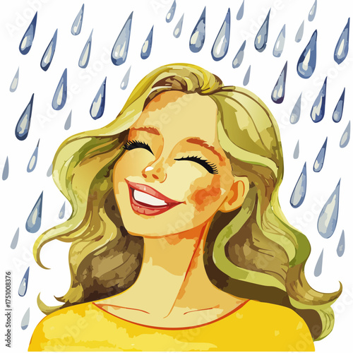 Eine lachende blonde Frau im Regen, als Aquarell gemalt