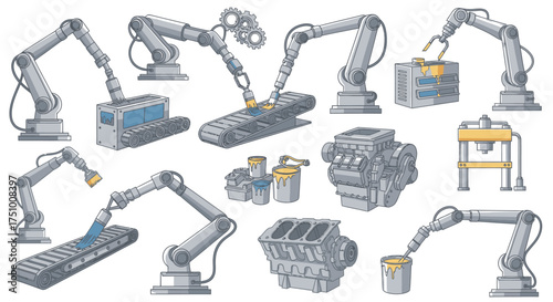 Industrial Robotic Arms Performing Various Manufacturing Tasks.