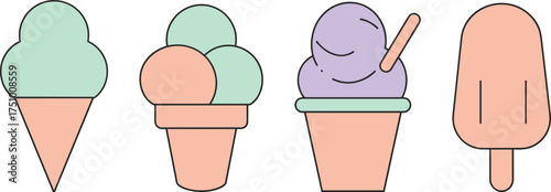Minimalist pastel ice cream vector illustration set featuring cone, cup, popsicle, and scoops in modern flat design for summer desserts