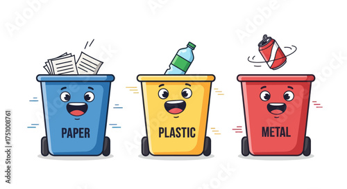 Cartoon Recycling Bins with Paper Plastic and Metal Waste.