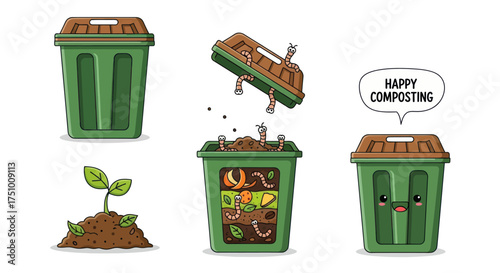 Green Composting Bin Illustrations with Worms and Sprout.
