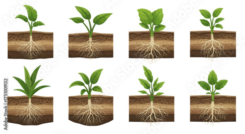 Eight Young Green Plants with Visible Root Systems in Soil Cross-Sections.