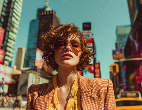Stylish woman exploring Times Square with retro sunglasses and confident attitude, embodying urban fashion and the vibrant energy of New York City adventure