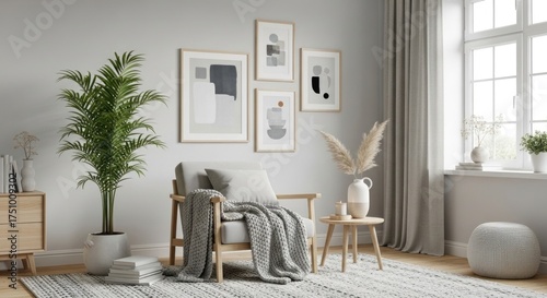 A cozy, minimalist living room with a gray wall, white curtains, and a wooden armchair with a blanket and a potted plant.