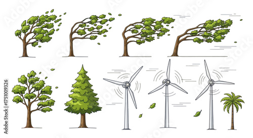 Hand-drawn trees and wind turbines illustrating wind force and renewable energy.