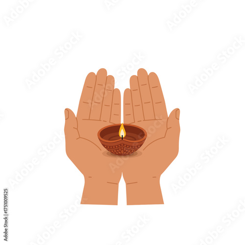 Traditional Diwali Diya Lamp Held Gently in Cupped Hands, Symbolizing Light, Hope, and Prosperity for the Indian Festival