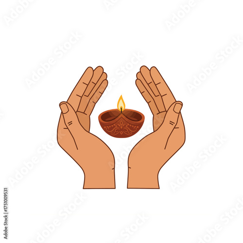 Traditional Diwali clay diya oil lamp with glowing flame held safely by cupped hands, symbolizing warmth, hope, and prosperity.