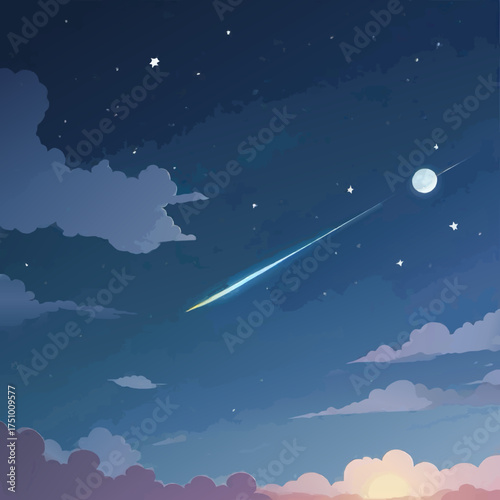 night sky with moon and shooting star cartoon vector illustration