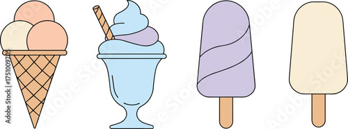 Vector illustration of assorted frozen desserts including ice cream cone, sundae, colorful popsicle, creamy popsicle, sweet summer treats collection