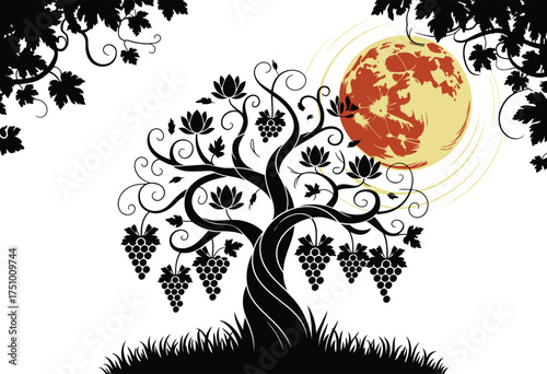 Striking silhouette illustration of a gnarled grapevine tree under a full moon vector art silhouette vector illustration white background