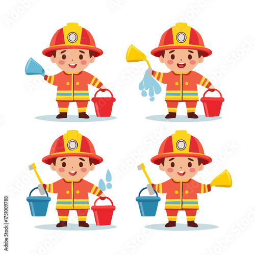 Set of cute cartoon firefighter characters in flat vector style