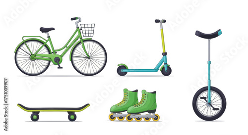 Assortment of Recreational Wheeled Transportation Devices.
