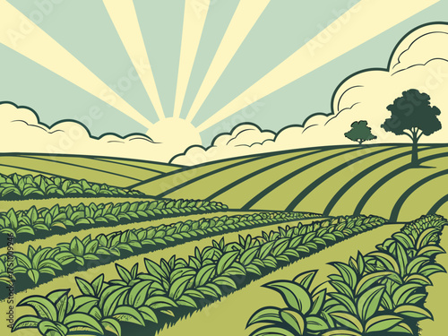 Serene countryside vista with vibrant green fields, lush crops, and a radiant sunrise, evoking a sense of peace and agricultural abundance in a stylized landscape