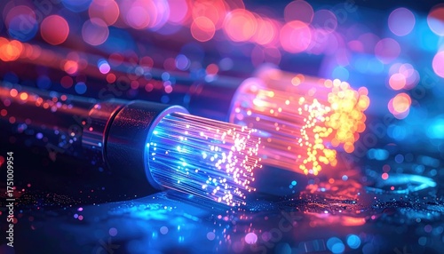 Abstract Close up of Glowing Blue and Orange Fiber Optic Strands with Soft Bokeh Lights on a Dark Reflective Surface Creating a Sense of Speed and Connectivity