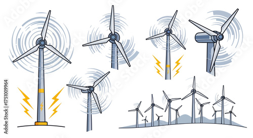 Collection of Hand-Drawn Wind Turbines Generating Renewable Energy.