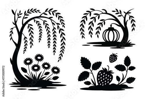 Four stylized silhouette illustrations of nature elements trees flowers pumpkin strawberry ladybug for vector eps design silhouette vector illustration white background