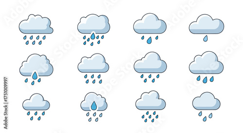 Set of Cartoon Clouds with Rain Drops Weather Icons.