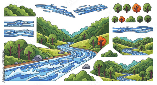 Vector illustration set of a river landscape constructor with trees hills and flowing water elements.