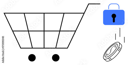 Shopping cart, currency coin dropping, and padlock representing e-commerce, payment security. Ideal for online transactions, digital payments, cybersecurity, financial technology, ecommerce trust