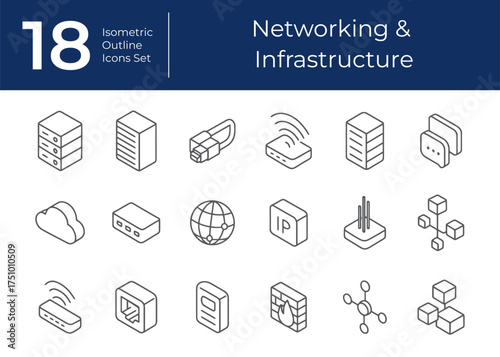 Isometric Networking and Infrastructure Outline Icons Set Minimalist Vector Collection for Internet, Server, and Cloud Technology Design