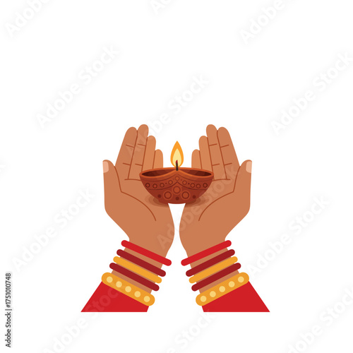Vibrant Deepavali Diwali Festival Celebration: Traditional Indian Hands Holding a Lit Clay Diya Lamp