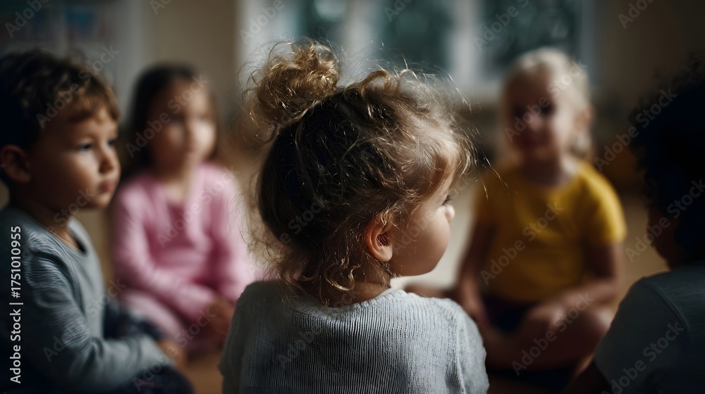 Fototapeta premium A diverse group of young children sit together in a circle indoors attentively engaged in a shared learning activity or story session