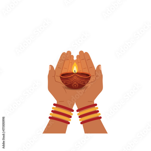 Traditional Deepavali Celebration with Hands Holding Lit Clay Diya Lamp for Hindu Festival of Lights Worship and Prosperity