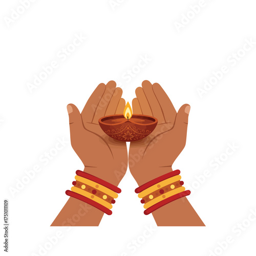 Traditional hands holding a beautiful lit diya lamp, symbolizing Diwali and Deepavali celebrations, cultural festivity and hope.